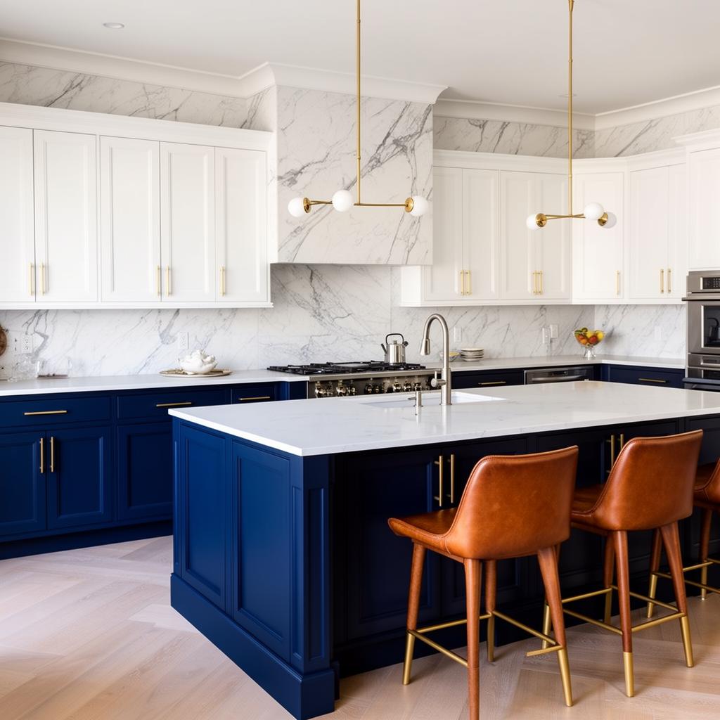 Navy and marble kitchen with leather counter stools